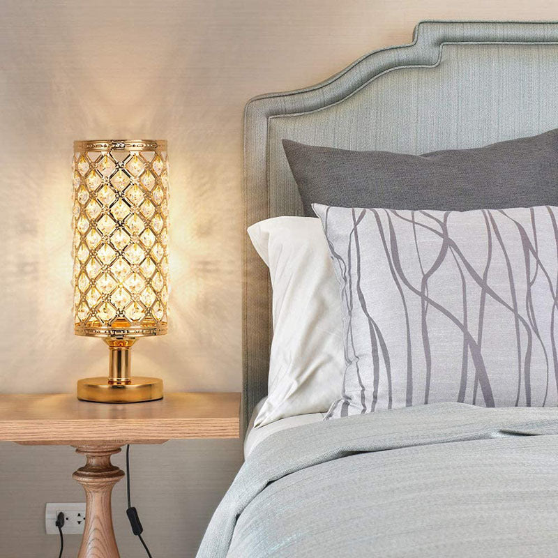 Modern Crystal Table Lamp  Bedside Decor Warm Gold Metal 12In