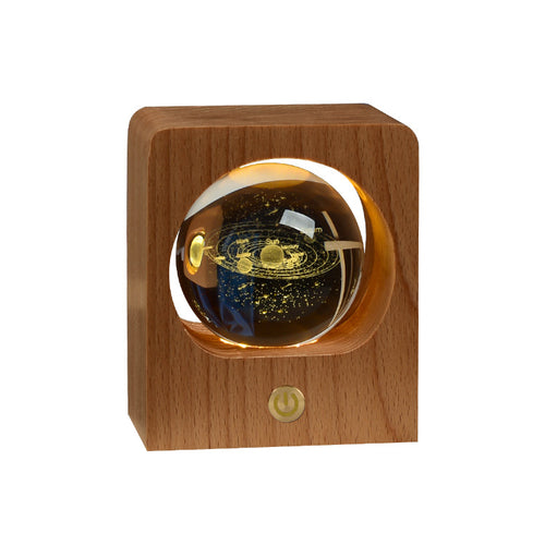 Crystal Ball Night Light Lamp Wood Base 3D Engraving Beech USB