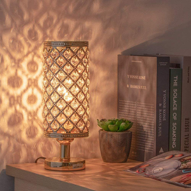 Modern Crystal Table Lamp  Bedside Decor Warm Gold Metal 12In