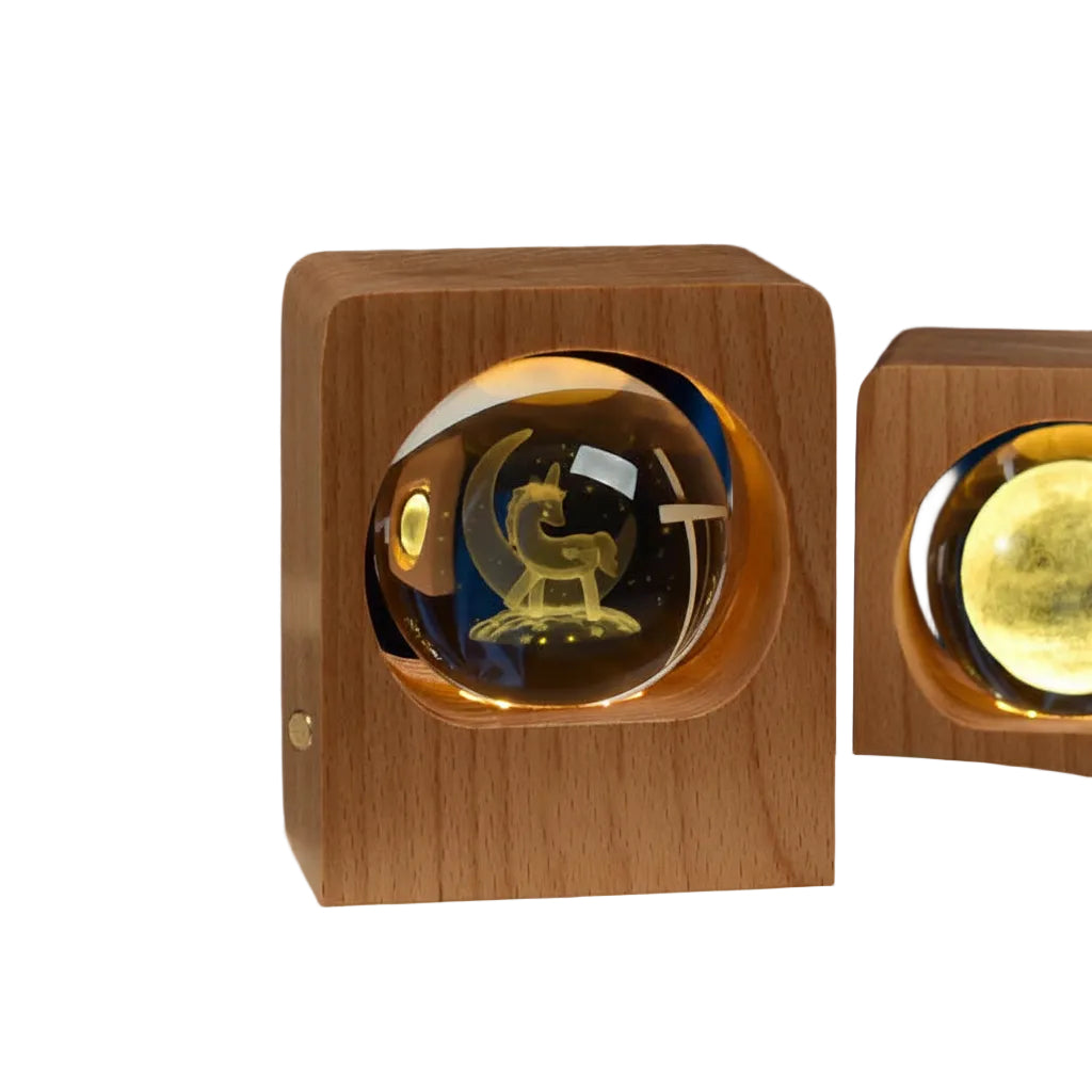 Crystal Ball Night Light Lamp 3D Elk Engraving Beech Wood USB